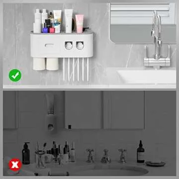 Toothbrush Holder Wall Mounted, EAGMAK Automatic Toothpaste Dispenser Squeezer Kit, Bathroom Organization and Storage with 1 Cosmetic Drawer, 2 Magnetic Cups, 6 Toothbrush Slots and Storage Shelf