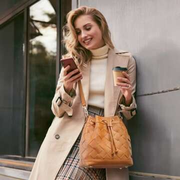 Kattee Woven Genuine Leather Bucket Bags for Women, Drawstring Crossbody Hobo Purses and Shoulder Ha...