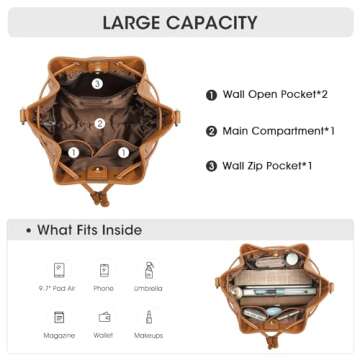 Kattee Woven Genuine Leather Bucket Bags for Women, Drawstring Crossbody Hobo Purses and Shoulder Handbags with 2 Detachable Straps, Brown