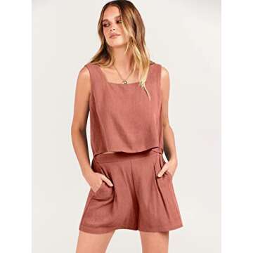 ANRABESS Womens Two Piece Outfits Linen Square Neck Crop Short Set Lounge Matching Sets 2023 Trendy Clothes Summer Vacation Set for Beach Vacation Resort 997xiuhong-M, Rust