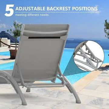 Domi Pool Lounge Chairs Set of 3, Adjustable Aluminum Outdoor Chaise Lounge Chairs with Metal Side Table, All Weather for Deck Lawn Poolside Backyard -Grey Textilene