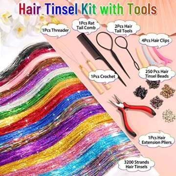 Hair Tinsel Kit (48 Inch, 16 Colors, 3200 Strands), Glitter Sparkling Tinsel Hair Extensions with Tools, Heat Resistant Fairy Hair Tinsel Kit for Women Girls Cosplay Party Festival Hair Accessories