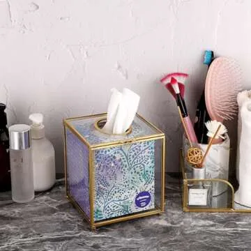 Sumnacon Clear Glass Tissue Cover with Gold Metal Accent