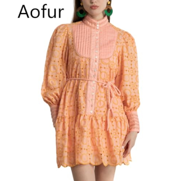 Aofur Summer Cotton V Neck Long Sleeve A-Line Dress