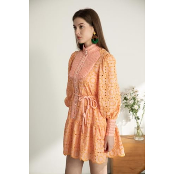 Aofur Summer Cotton V Neck Long Sleeve A-Line Dress