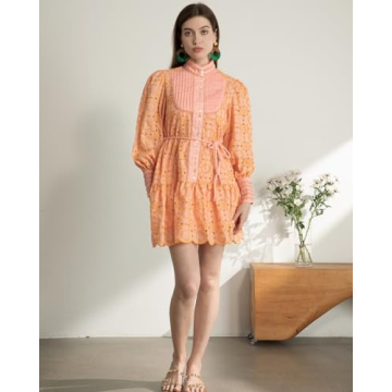 Aofur Summer Cotton V Neck Long Sleeve A-Line Dress