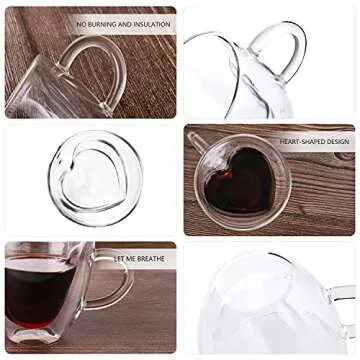 CNGLASS Double Wall Heart Shaped Glass Coffee Mugs 8.5oz,Insulated Clear Tea Cups with Handle,Unique Glass Espresso Mugs for Coffee,Cappuccino,Latte,Milk