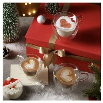 CNGLASS Double Wall Heart Shaped Glass Coffee Mugs 8.5oz,Insulated Clear Tea Cups with Handle,Unique Glass Espresso Mugs for Coffee,Cappuccino,Latte,Milk