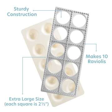 Ravioli Mold with Extra Large 2 1/2 Inch Squares- Authentic Ravioli Tray and Press, Makes 10 Italian...