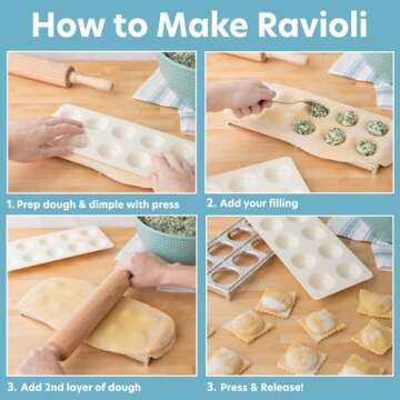 Ravioli Mold with Extra Large 2 1/2 Inch Squares- Authentic Ravioli Tray and Press, Makes 10 Italian Raviolis at a Time, Easy to Use Pasta Maker Kit, Sturdy Construction and Great Gift