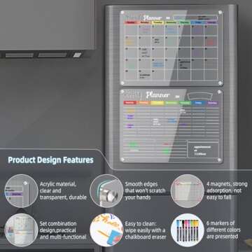 Hivillexun 3-Pack Acrylic Magnetic Dry Erase Calendar Whiteboard Set – Organize Your Refrigerator,...