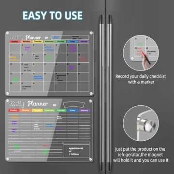 Hivillexun 3-Pack Acrylic Magnetic Dry Erase Calendar Whiteboard Set – Organize Your Refrigerator, Wall, or Fridge with Monthly, Weekly, and Daily Planners, Includes 8 Markers, Large Eraser, and Cloth