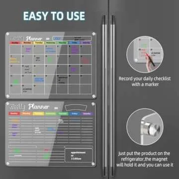 Hivillexun 3-Pack Acrylic Magnetic Dry Erase Calendar Whiteboard Set – Organize Your Refrigerator, Wall, or Fridge with Monthly, Weekly, and Daily Planners, Includes 8 Markers, Large Eraser, and Cloth