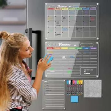 Hivillexun 3-Pack Acrylic Magnetic Dry Erase Calendar Whiteboard Set – Organize Your Refrigerator, Wall, or Fridge with Monthly, Weekly, and Daily Planners, Includes 8 Markers, Large Eraser, and Cloth