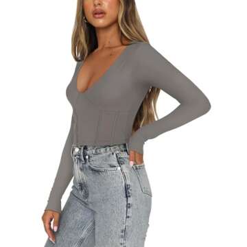 REORIA Women's Fall Sexy Fashion Deep V Neck Double Lined Long Sleeve Basic Tight Cropped T Shirts S...