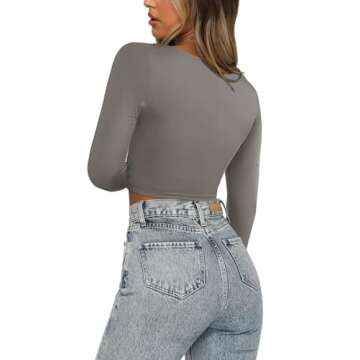 REORIA Women's Fall Sexy Fashion Deep V Neck Double Lined Long Sleeve Basic Tight Cropped T Shirts Slim Fitted Going Out Crop Tops Plus Size Deep Grey X-Large