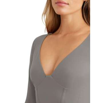 REORIA Women's Fall Sexy Fashion Deep V Neck Double Lined Long Sleeve Basic Tight Cropped T Shirts Slim Fitted Going Out Crop Tops Plus Size Deep Grey X-Large