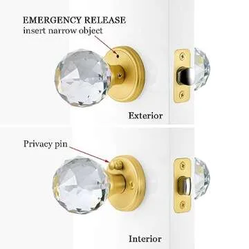 CLCTK Crystal Glass Door Knobs Interior with Lock, Privacy Bathroom Bedroom Door Knobs Gold Door Knob, Satin Brass