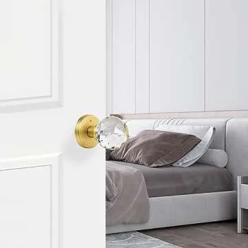 CLCTK Crystal Glass Door Knobs Interior with Lock, Privacy Bathroom Bedroom Door Knobs Gold Door Knob, Satin Brass