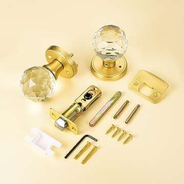 CLCTK Crystal Glass Door Knobs Interior with Lock, Privacy Bathroom Bedroom Door Knobs Gold Door Knob, Satin Brass