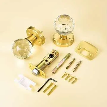 CLCTK Crystal Glass Door Knobs Interior with Lock, Privacy Bathroom Bedroom Door Knobs Gold Door Knob, Satin Brass