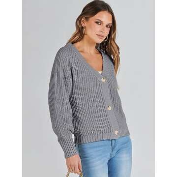Caracilia Women's Chunky Cardigans Sweaters Open Front Long Sleeve Cute Knit Button Loose Short Cozy Outerwear 2024 Fall Coat Grey Large