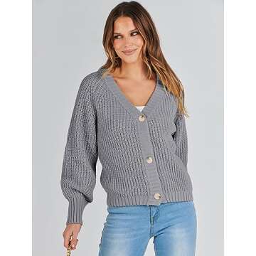 Caracilia Women's Chunky Cardigans Sweaters Open Front Long Sleeve Cute Knit Button Loose Short Cozy Outerwear 2024 Fall Coat Grey Large