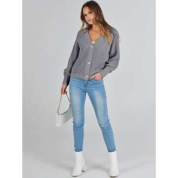 Caracilia Women's Chunky Cardigans Sweaters Open Front Long Sleeve Cute Knit Button Loose Short Cozy Outerwear 2024 Fall Coat Grey Large