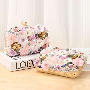 Oweisong 3D Flower Clutch Purses for Women Gold Formal Wedding Party Evening Bags Chain Floral Shoulder bag