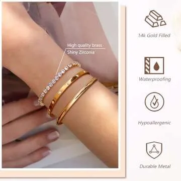 Fansilver 3PCS Gold Bracelets for Women 14K Gold Plated Link Bracelet Cuff Bracelet Bead Ball Bracel...