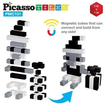 Picasso Cubes 1” Magnetic Puzzle Cube 101 pcs Black and White Magnet Construction Building Block Set Sensory Toy Early Education STEM Learning, Free Ideabook with 53 Ideas, Children Age 3+ Boy Girl