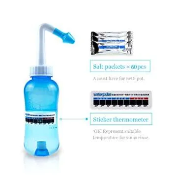 Waterpulse Neti Pot,Neti Pot Sinus Rinsing,300ml Neti Pot Sinus Rinsing Kit with 60 Packets Nasal Wash Salt and Thermometer Sticker for Adult &Children BPA Free (300ml with 60 Salt Packets)