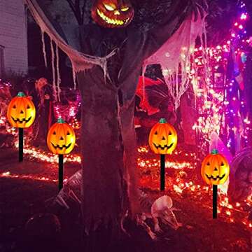 Twinkle Star Halloween Decorations 4 Pcs Jack-o-Lantern Garden Stakes, 15.75 Inch 20-Count High-Voltage Bulb Lighted Pumpkins, Light Up DIY Pumpkin Stake Garden Yard Tree Indoor Outdoor Ornament
