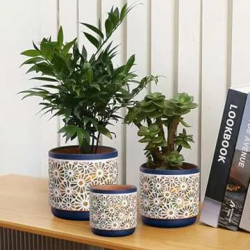 Qipecedm 3 Piece Ceramic Plant Pots, 5.7/4.7/3.5/inch Planters with Drainage Hole, Outdoor Indoor Flower Pots Set, Modern Decorative Plant Pots for Lilies, Cacti, Succulents, Snakes, Bamboo(Blue)