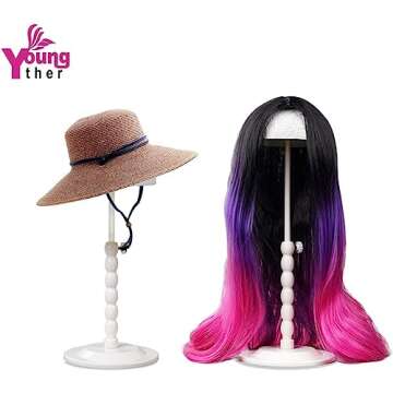 Youngther 2Pcs Wig Stand Adjustable Height Hat Display Portable Folding Wig Head Holders Plastic Wig...