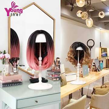 Youngther 2Pcs Wig Stand Adjustable Height Hat Display Portable Folding Wig Head Holders Plastic Wig Stand for Styling Wig Hair Drying Display(2 PCS (PACK OF 2) )(PACK OF 2)