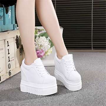 ACE SHOCK Women Fashion Platform Sneakers Wide Width High Hidden Heel Wedge Walking Shoes (6.5, Without Flower White)
