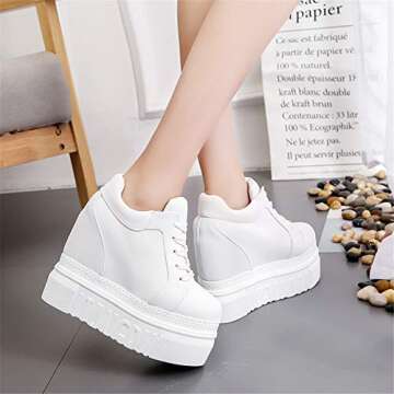 ACE SHOCK Women Fashion Platform Sneakers Wide Width High Hidden Heel Wedge Walking Shoes (6.5, Without Flower White)