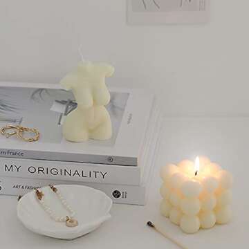 2 PCS Bubble Candle White Aromatherapy Candle, Cube Candle and Female Body Shaped Candle, Handmade Soy Wax Scented Candle Decorative Candle for Bedroom Bathroom Wedding