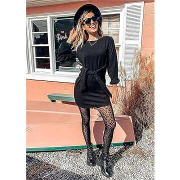 PRETTYGARDEN Women's Elegant Long Lantern Sleeve Short Dress Crewneck Tie Waist Knit Cocktail Dress (Black,Large)