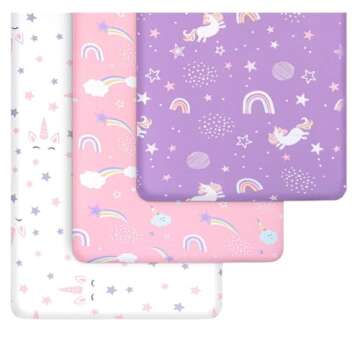 GROW WILD Unicorns & Rainbows Fitted Crib Sheets Girl (3 Pack) - Soft Jersey Cotton Fitted Sheet, To...