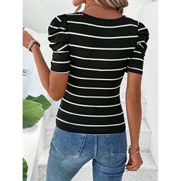 Milumia Women's Striped Puff Short Sleeve Tees Square Neck Ruched Fitted T-Shirts Tops Black and Whi...