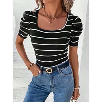 Milumia Women's Striped Puff Short Sleeve Tees Square Neck Ruched Fitted T-Shirts Tops Black and White Medium
