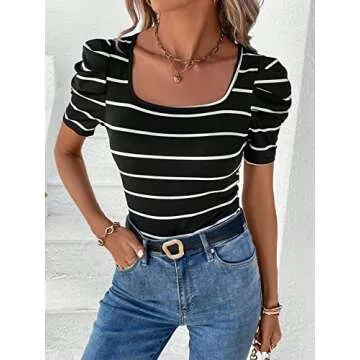 Milumia Women's Striped Puff Short Sleeve Tees Square Neck Ruched Fitted T-Shirts Tops Black and White Medium