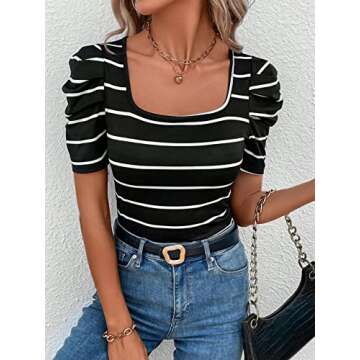 Milumia Women's Striped Puff Short Sleeve Tees Square Neck Ruched Fitted T-Shirts Tops Black and White Medium