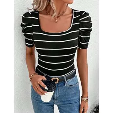Milumia Women's Striped Puff Short Sleeve Tees Square Neck Ruched Fitted T-Shirts Tops Black and White Medium