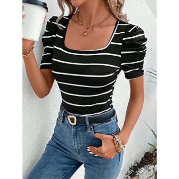 Milumia Women's Striped Puff Short Sleeve Tees Square Neck Ruched Fitted T-Shirts Tops Black and White Medium