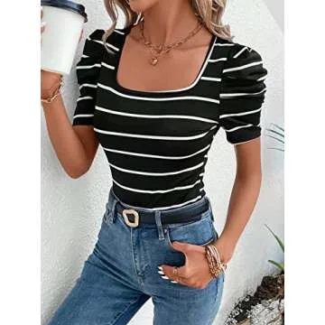 Milumia Women's Striped Puff Short Sleeve Tees Square Neck Ruched Fitted T-Shirts Tops Black and White Medium