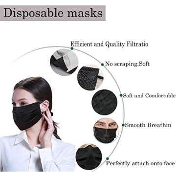 50pcs Disposable Face Mack 3 Layers Safety Face Shield Filter With Elastic Ear Loop Comfortable for Blocking Dust Air Pollution Protection (Black)