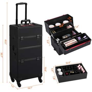 Yaheetech Makeup Train Case 3 in 1 Professional Cosmetic Trolley Multi-Functional Organizers Large Storage Traveling Cart Trunk for Nail Tech - Black
